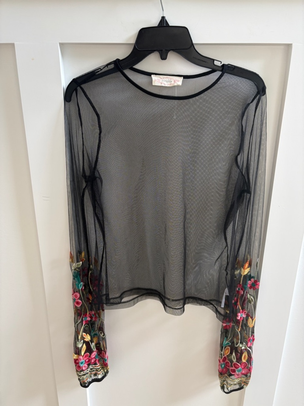 Twinkle by Wenlan Sheer Black Mesh Long-Sleeve Top with Floral Embroidered Cuffs